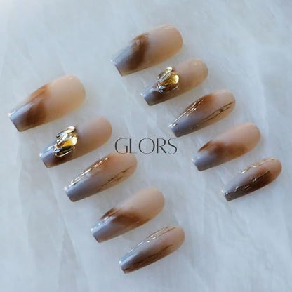 GLORS Ombre Press On Nails - Long Ballerina Nude to Gray with Gold Accent | 10-Piece Set (Small LB)