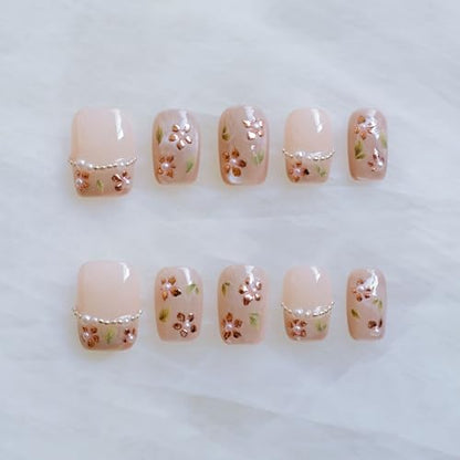 GLORS Short Square Press-On Nails – Nude Pink with Rose Gold Foil & Pearl Accents | 10 Pieces (Large, SS)