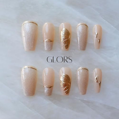 GLORS Press On Nails - Long Ballerina Nude Pink with Gold Accents - 10 Pieces (XS/LB)
