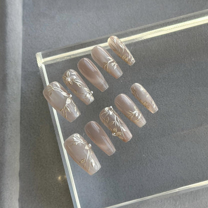 GLORS Nude Press-on Nails – Long Ballerina with Gold Floral & Pearl Accents, 10 Pcs (Small)
