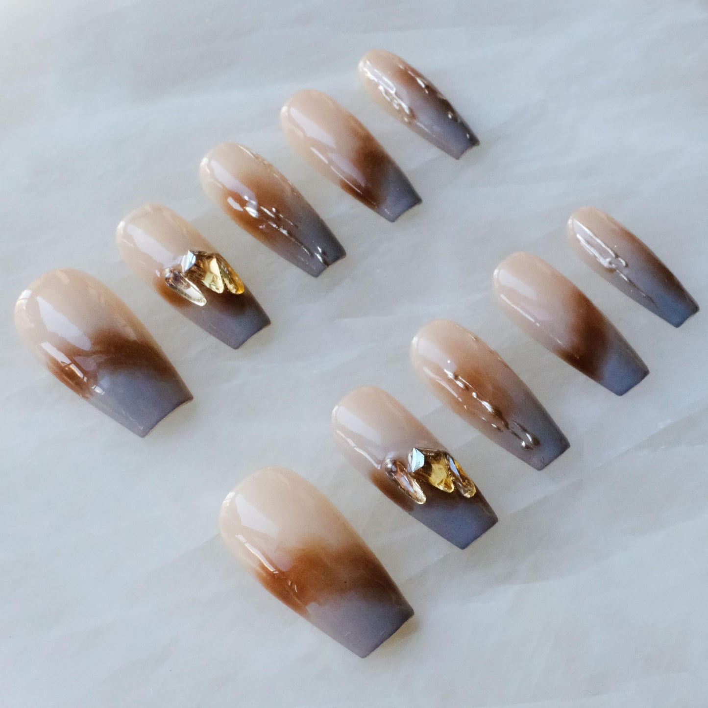 GLORS Ombre Press On Nails — Long Ballerina Nude to Gray with Gold Accent | 10-Piece Handcrafted Set
