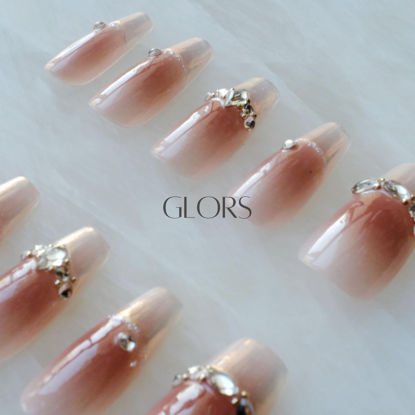 GLORS Long Ballerina Press-On Nails Pink French with Rhinestones | Coffin Shape