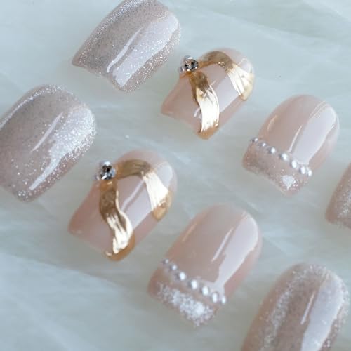 GLORS Purely Handmade Press On Nails – Elegant French Pink Pearl Gold Short Square 10 Pieces (SS)