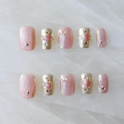 GLORS Purely Handmade Press On Nails — Pink Purple Cat-Eye Buccilati, Short Square, 10pcs (SS)