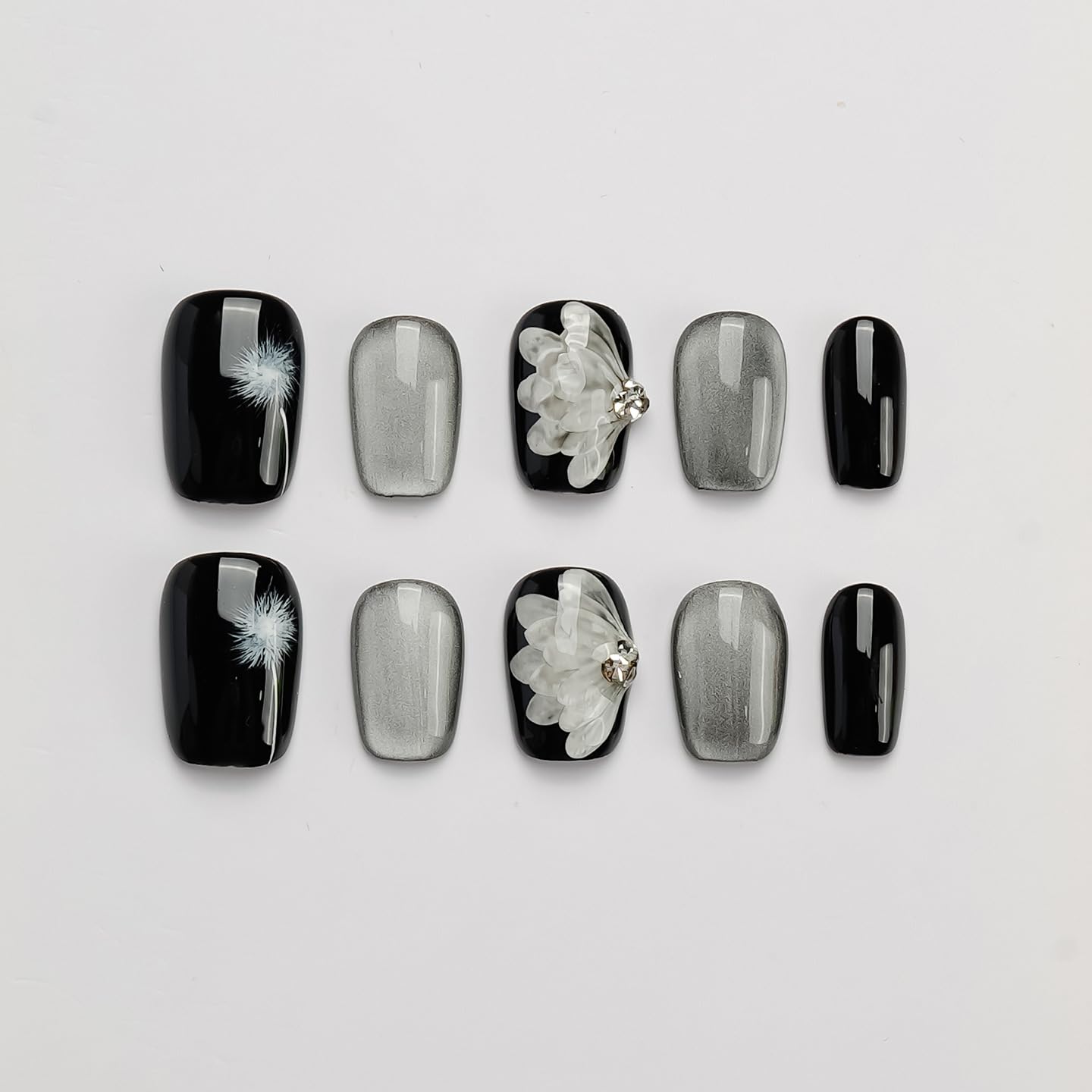 GLORS Press On Nails – Black & Silver Short Square with Dandelion Wing Design | 10-Piece Set (Large, SS)