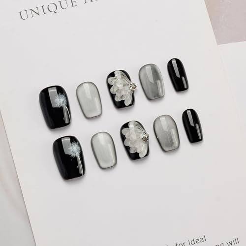 GLORS Press On Nails – Black & Silver Short Square with Dandelion Wing Design | 10-Piece Set (Large, SS)