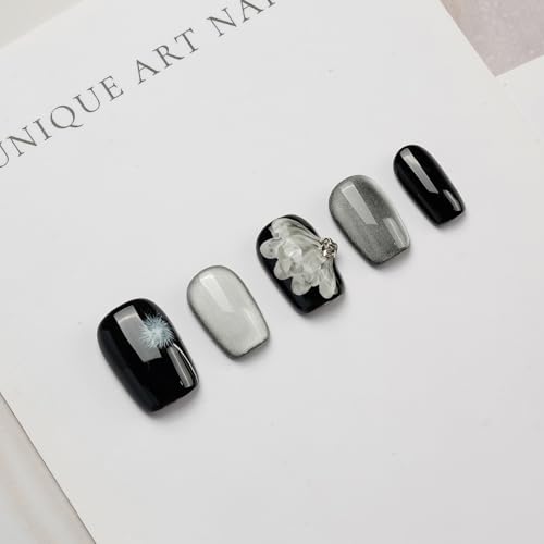 GLORS Press On Nails – Black & Silver Short Square with Dandelion Wing Design | 10-Piece Set (Large, SS)