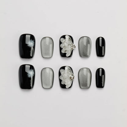 GLORS Press On Nails - Black & Silver, Short Square, Dandelion Wing Pattern (10 Pcs, SS)