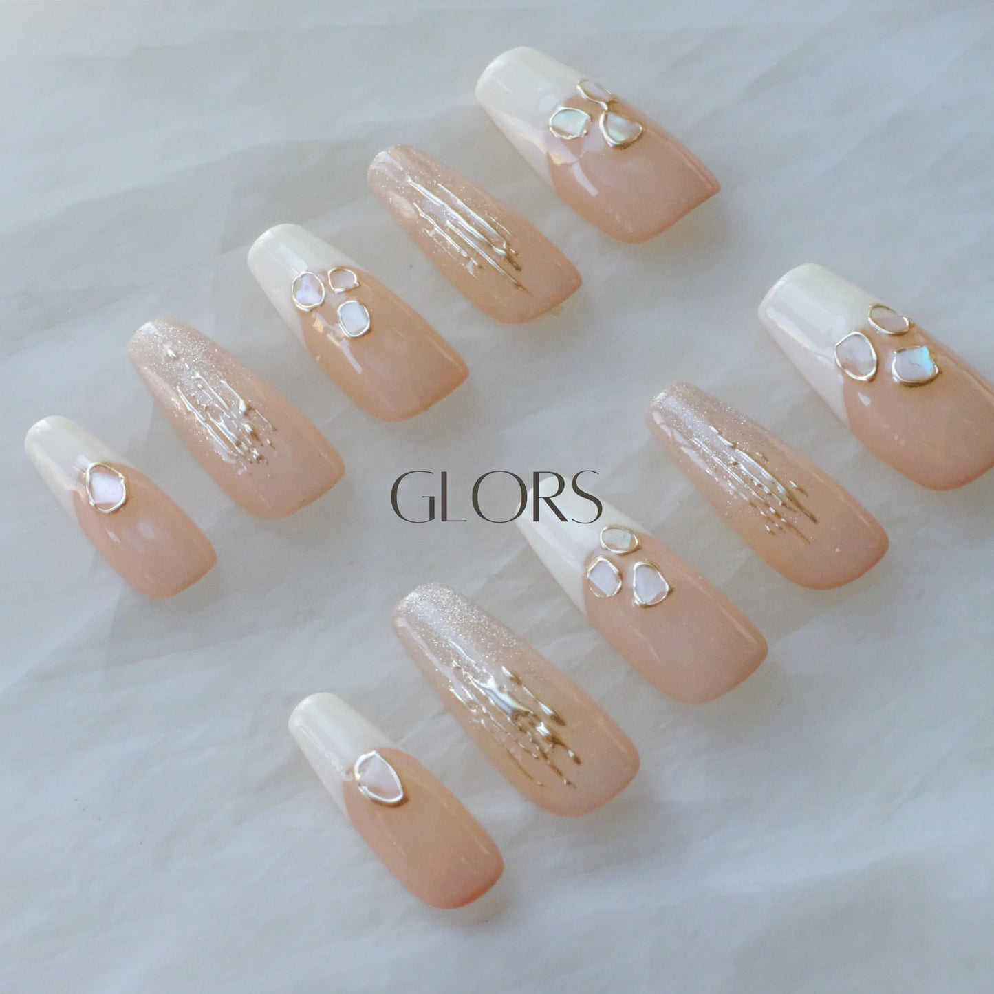 GLORS Handmade Press On Nails - Long Ballerina, Pink & White Shell Design | 10 Pieces (Small, LB)