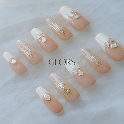 GLORS Handmade Press On Nails - Long Ballerina, Pink & White Shell Design | 10 Pieces (Small, LB)