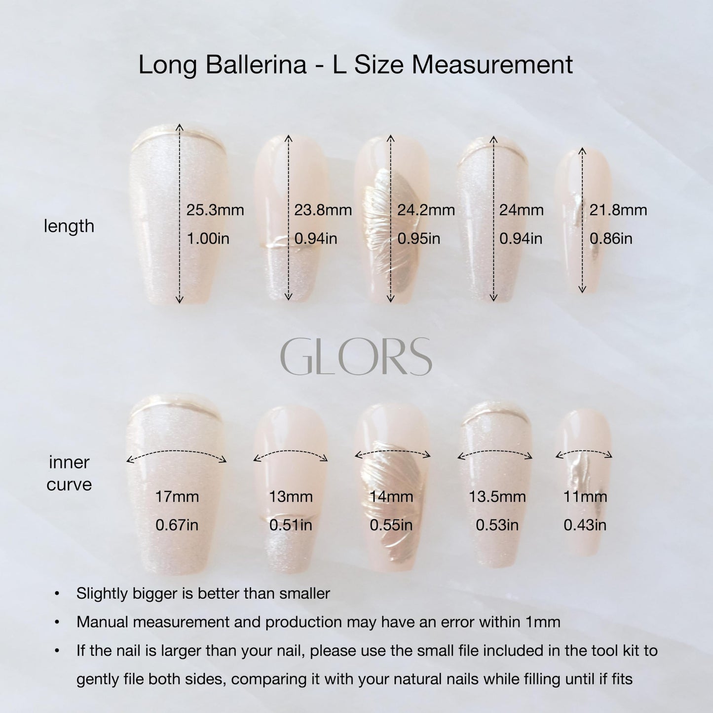 GLORS Press On Nails – Long Ballerina Nude Pink with Gold Accents, 10-Piece Large Set