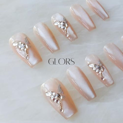 GLORS Press On Nails - Long Ballerina Coffin Nude Pink with Butterfly Rhinestones (10pc)