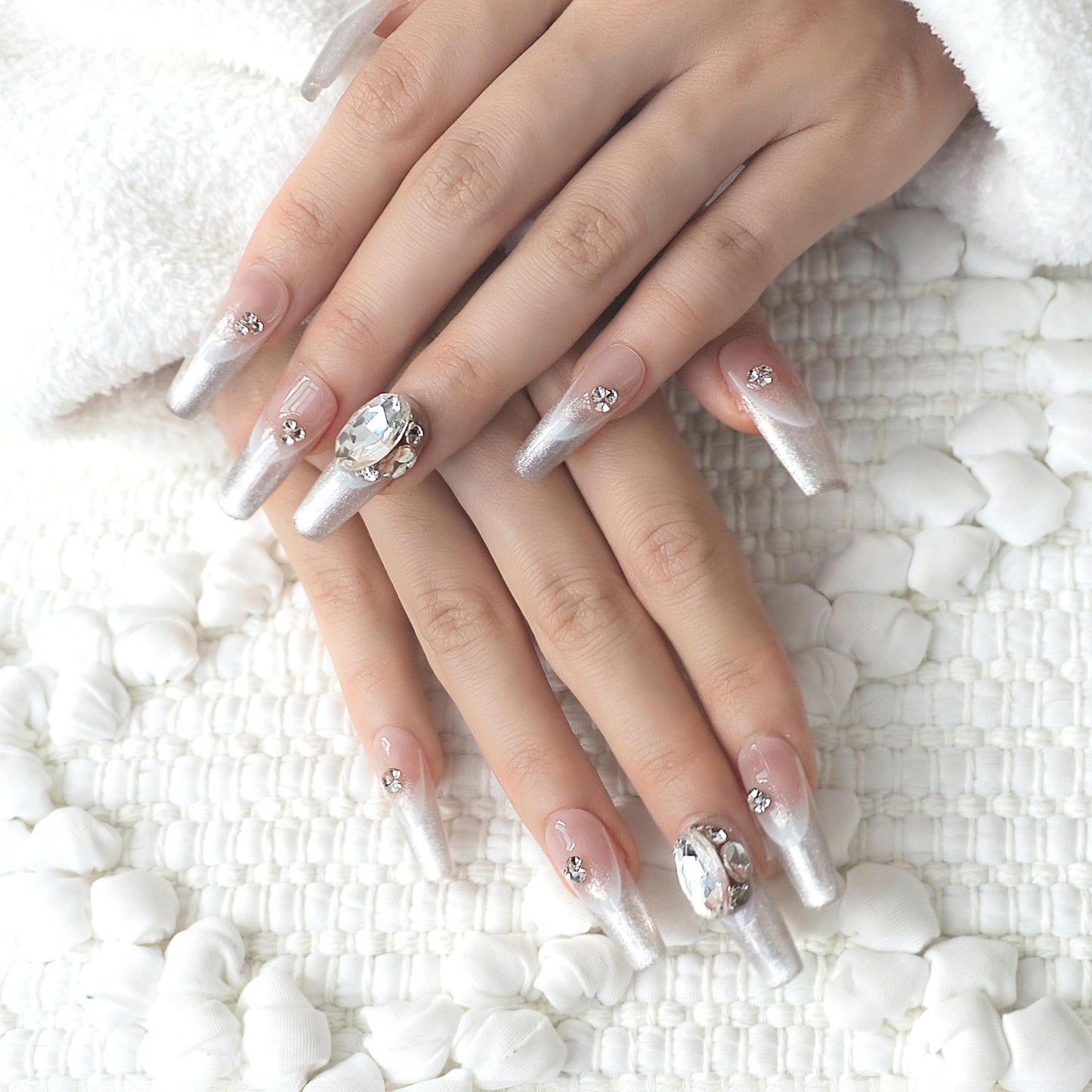 GLORS Press-On Nails – Long Ballerina Coffin, Silver Glitter French Tips with 3D Rhinestones (10pc, Medium LB)