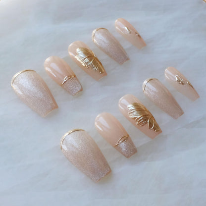 GLORS Press On Nails – Long Ballerina Nude Pink with Gold Accents (10 Pieces, Medium)