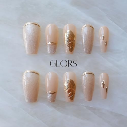 GLORS Press On Nails – Long Ballerina Nude Pink with Gold Accents (10 Pieces, Medium)