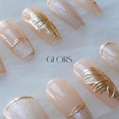 GLORS Press On Nails – Long Ballerina Nude Pink with Gold Accents (10 Pieces, Medium)
