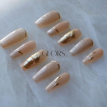 GLORS Press On Nails – Long Ballerina Nude Pink with Gold Accents (10 Pieces, Medium)