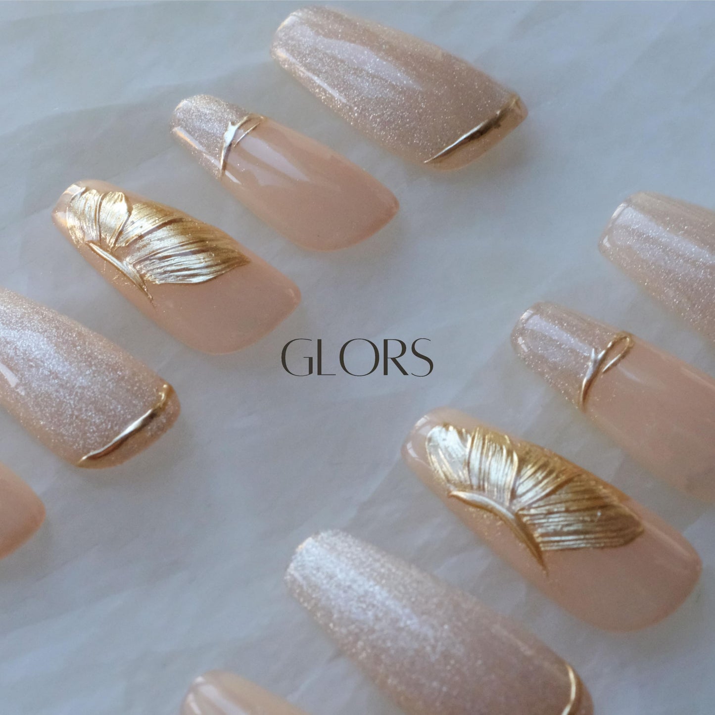 GLORS Press On Nails – Long Ballerina Nude Pink with Gold Accents (10 Pieces, Medium)