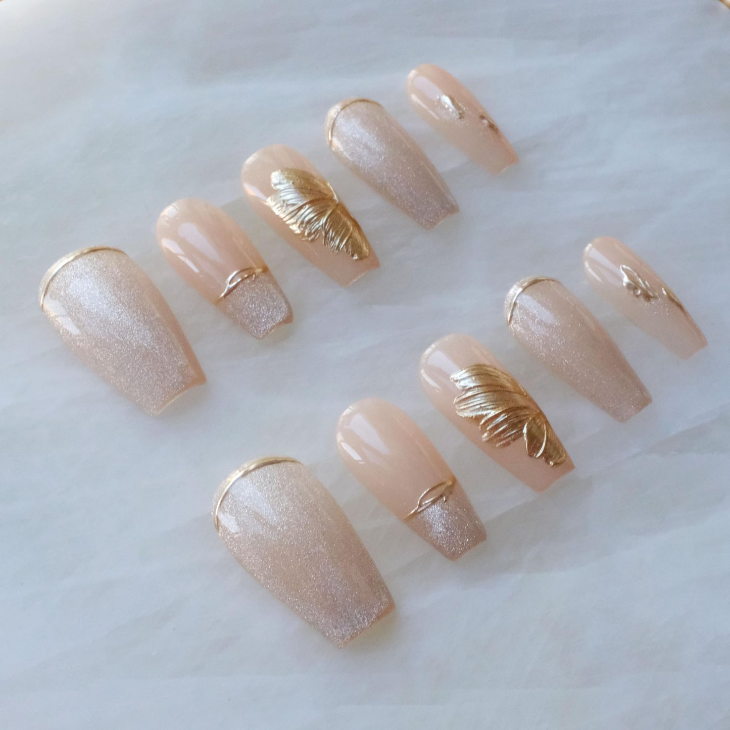 GLORS Press On Nails – Long Ballerina Nude Pink with Gold Accents, 10-Piece Large Set