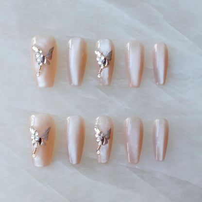 GLORS Press On Nails - Long Ballerina Coffin Nude Pink with Butterfly Rhinestones (10pc)