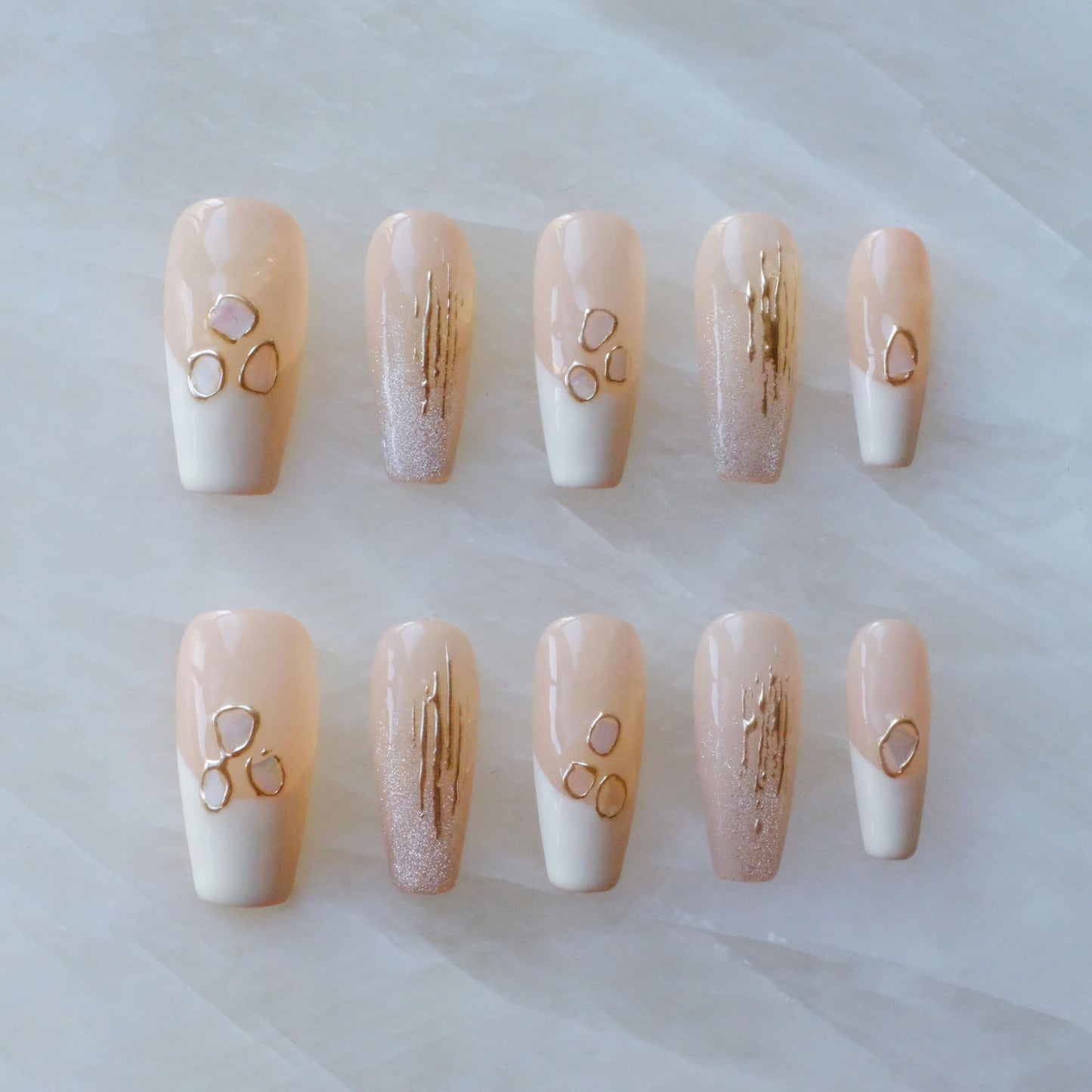 GLORS Handmade Press On Nails - Long Ballerina, Pink & White Shell Design | 10 Pieces (Small, LB)