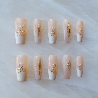 GLORS Handmade Press On Nails - Long Ballerina, Pink & White Shell Design | 10 Pieces (Small, LB)