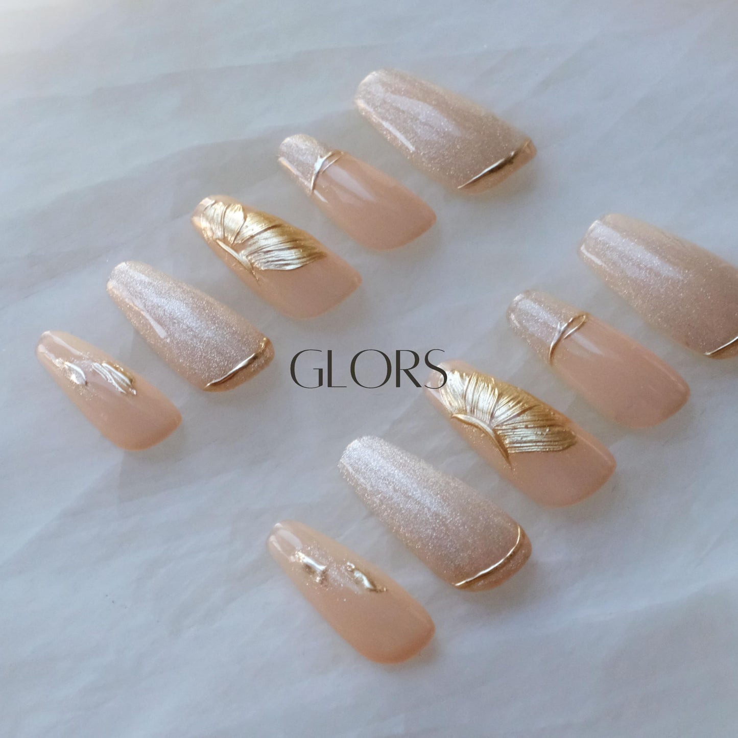 GLORS Press On Nails – Long Ballerina Nude Pink with Gold Accents, 10-Piece Large Set