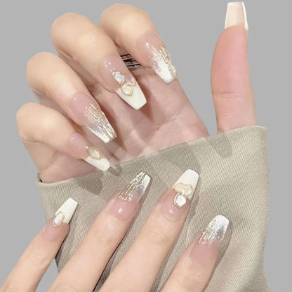 GLORS Handmade Press On Nails - Long Ballerina, Pink & White Shell Design | 10 Pieces (Small, LB)
