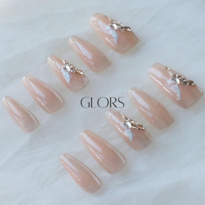 GLORS Press On Nails - Long Ballerina Coffin Nude Pink with Butterfly Rhinestones (10pc)