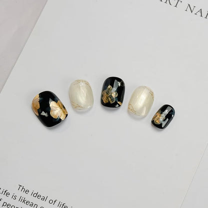 [GLORS] Press On Nails Short Square – Black Gold Flower & White Marble Cat Eye, 10 Pieces (XS, SS)