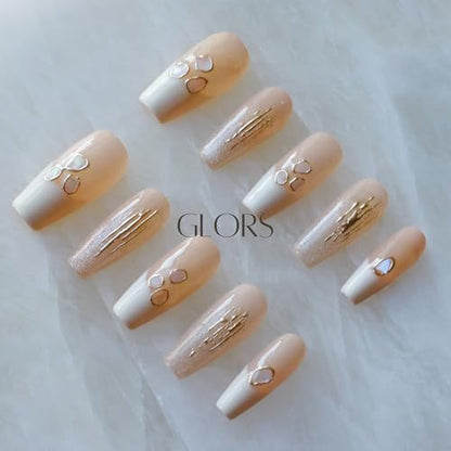 GLORS Handmade Press On Nails - Long Ballerina, Pink & White Shell Design | 10 Pieces (Small, LB)