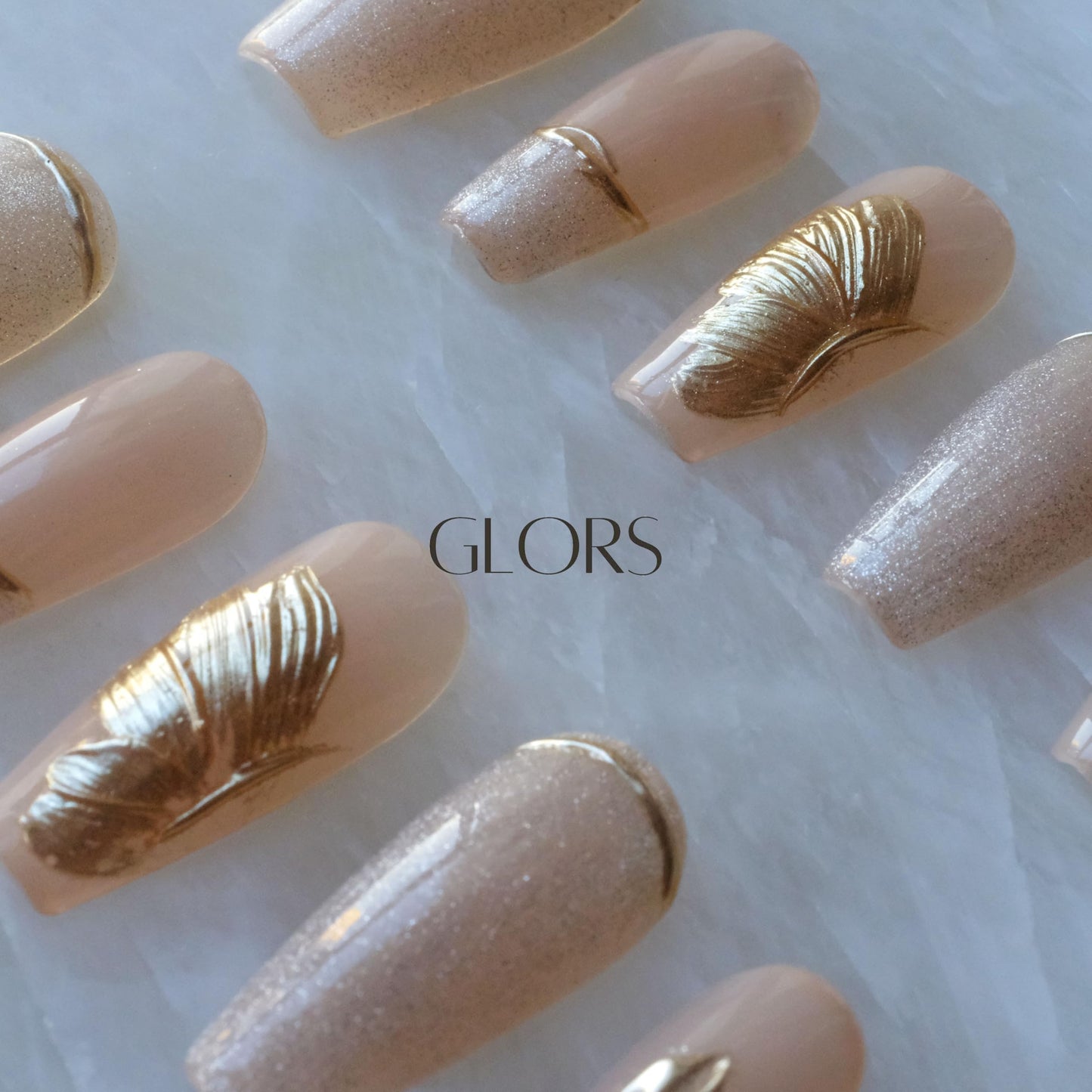 GLORS Press On Nails – Long Ballerina Nude Pink with Gold Accents, 10-Piece Large Set