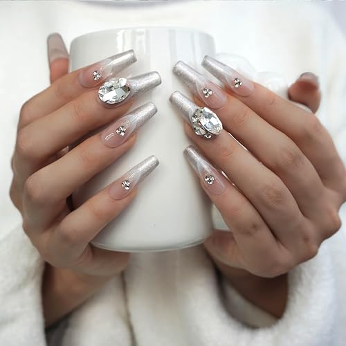 GLORS Press-On Nails – Long Ballerina Coffin, Silver Glitter French Tips with 3D Rhinestones (10pc, Medium LB)