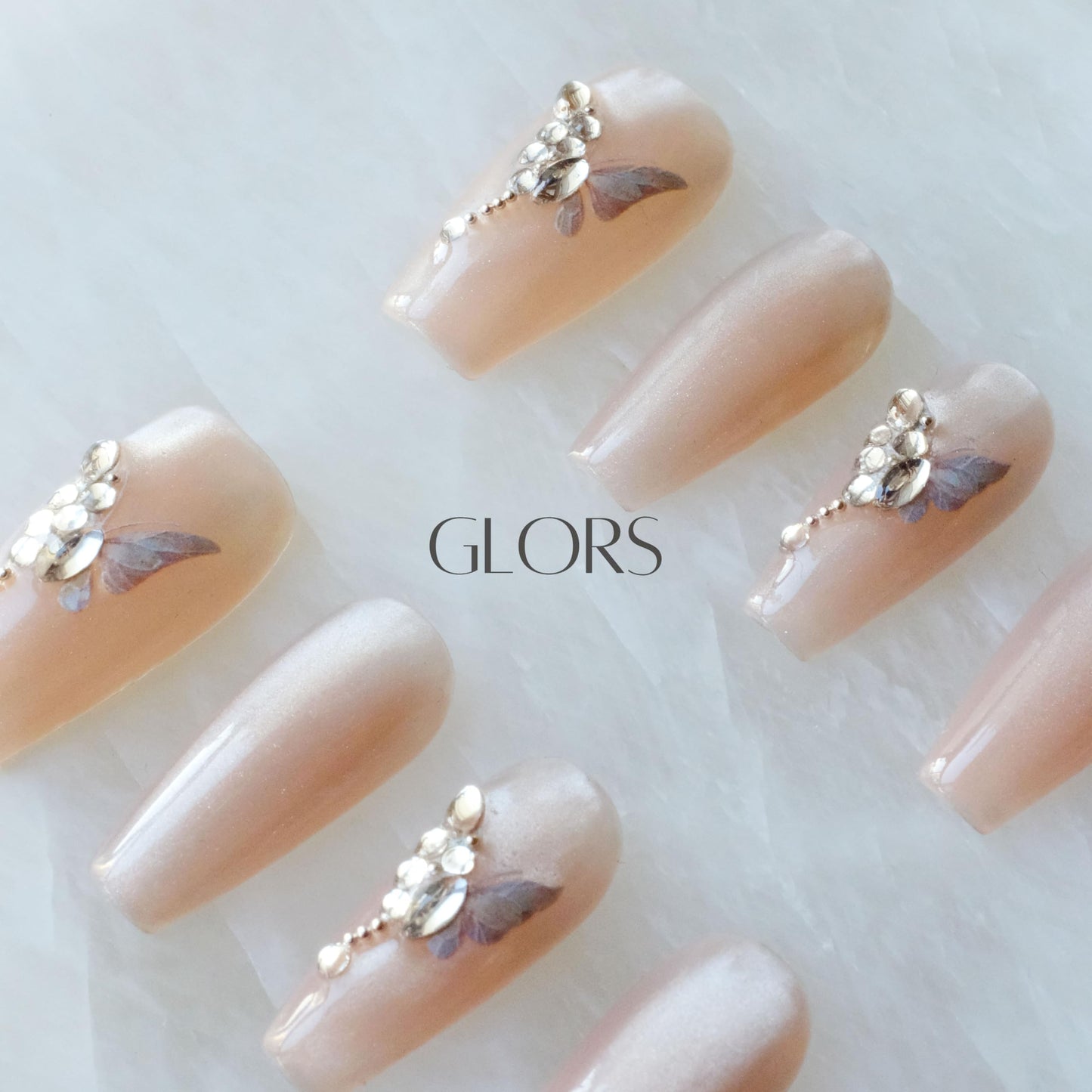 GLORS Press On Nails – Long Ballerina Coffin Nude Pink with Butterfly Rhinestones | 10 Pieces (Small, LB)