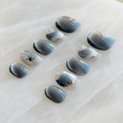 GLORS Purely Handmade Press On Nails | Blue White Glitter Snow Mountain Short Square, 10 Pieces
