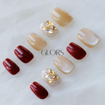 GLORS Purely Handmade Press On Nails - Burgundy Moonlight Cat-Eye, Short Square, 10 pcs (SS)
