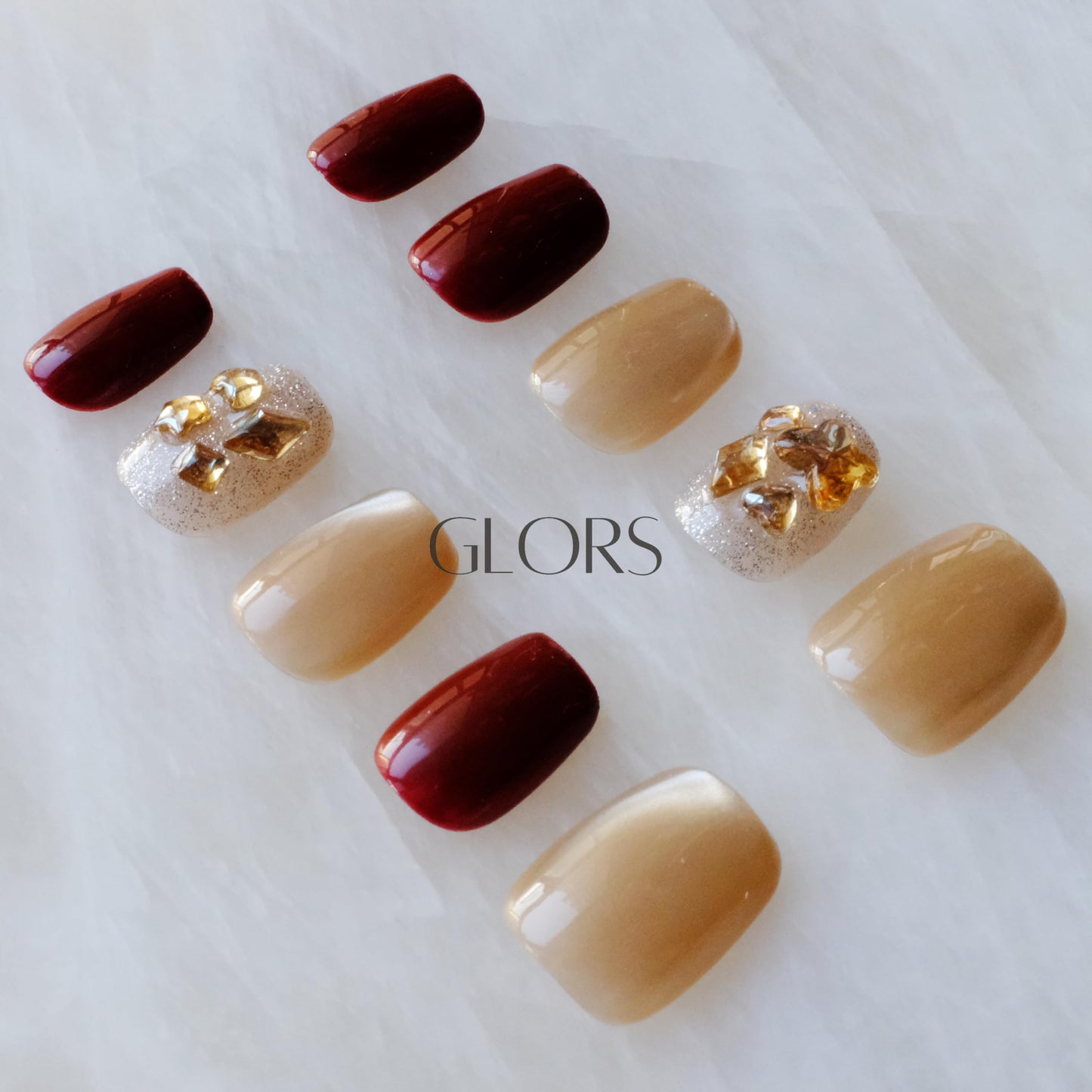 GLORS Purely Handmade Press On Nails - Burgundy Moonlight Cat-Eye, Short Square, 10 pcs (SS)