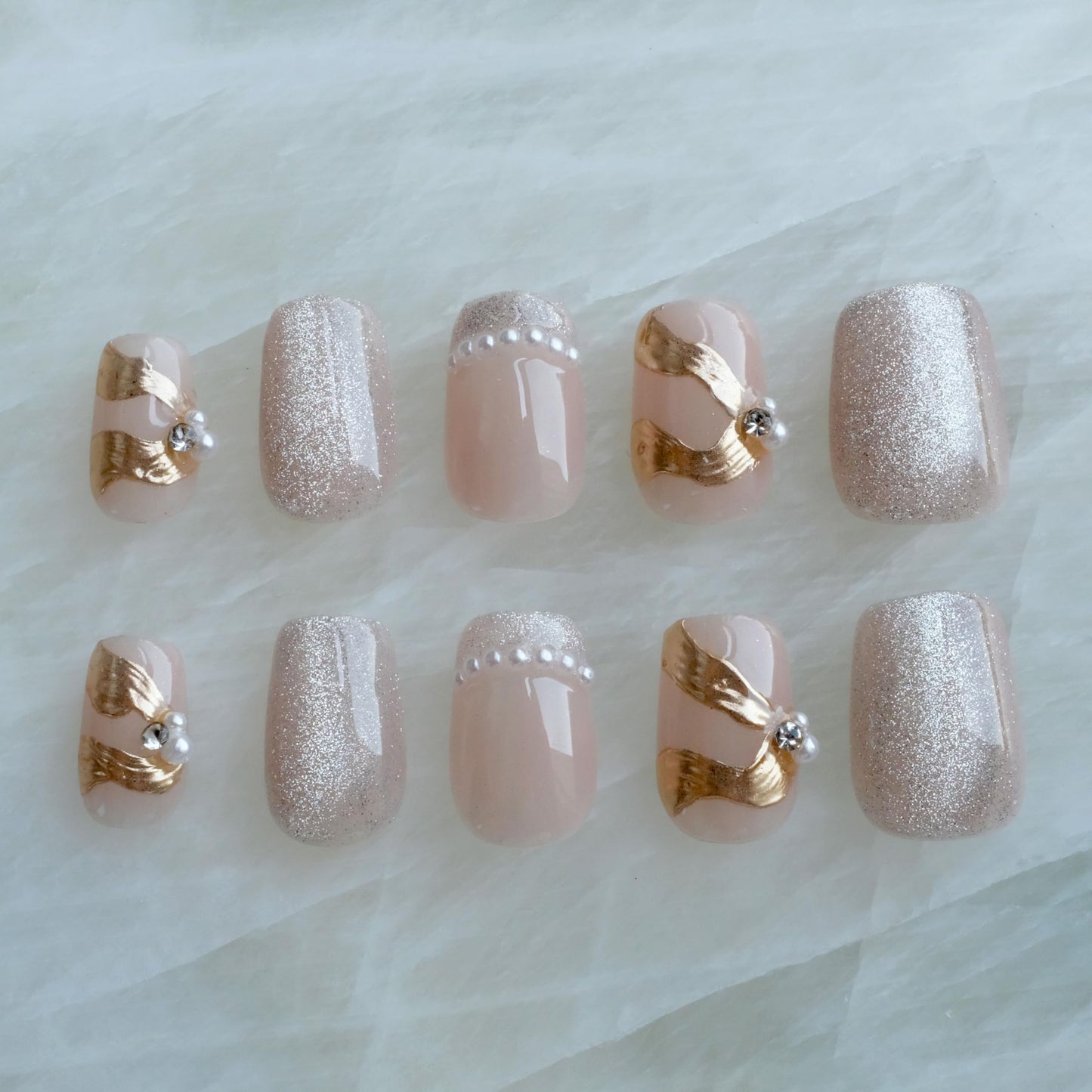 [GLORS] Purely Handmade Press On Nails | Elegant French Pink Pearl Gold | Short Square, 10 pcs (XS, SS)