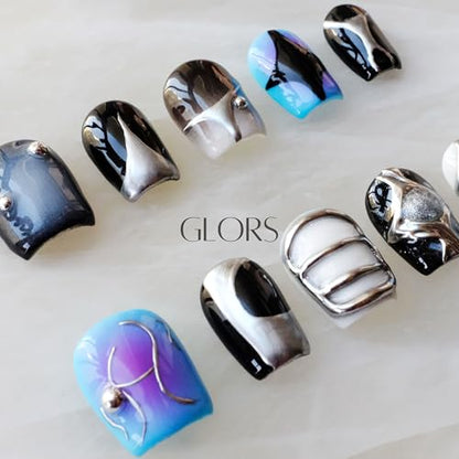 [GLORS] Purely Handmade Press On Nails | AI Cyberpunk Metallic Short Square – 10 Pieces