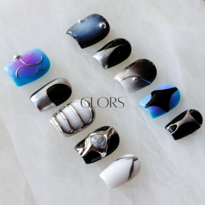 [GLORS] Purely Handmade Press On Nails | AI Cyberpunk Metallic Short Square – 10 Pieces