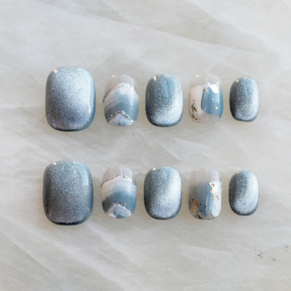 GLORS Purely Handmade Press On Nails – Blue & White Glitter Snow Mountain, Short Square, 10 Pieces