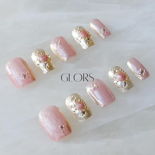 GLORS Purely Handmade Press On Nails - Pink Purple Cat-eye Buccilati Style | Short Square 10 Pcs (XS-SS)
