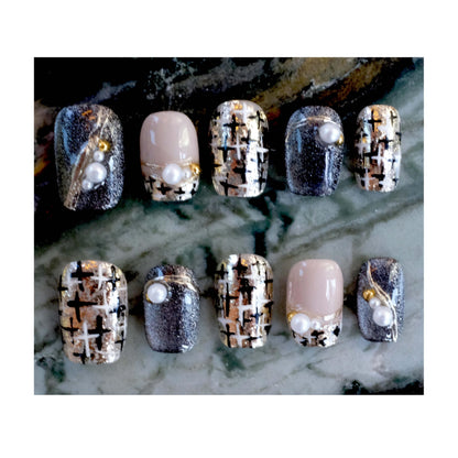 GLORS Purely Handmade Press On Nails | Gold & Pearl Short Square, 10 Pcs (Medium, SS)