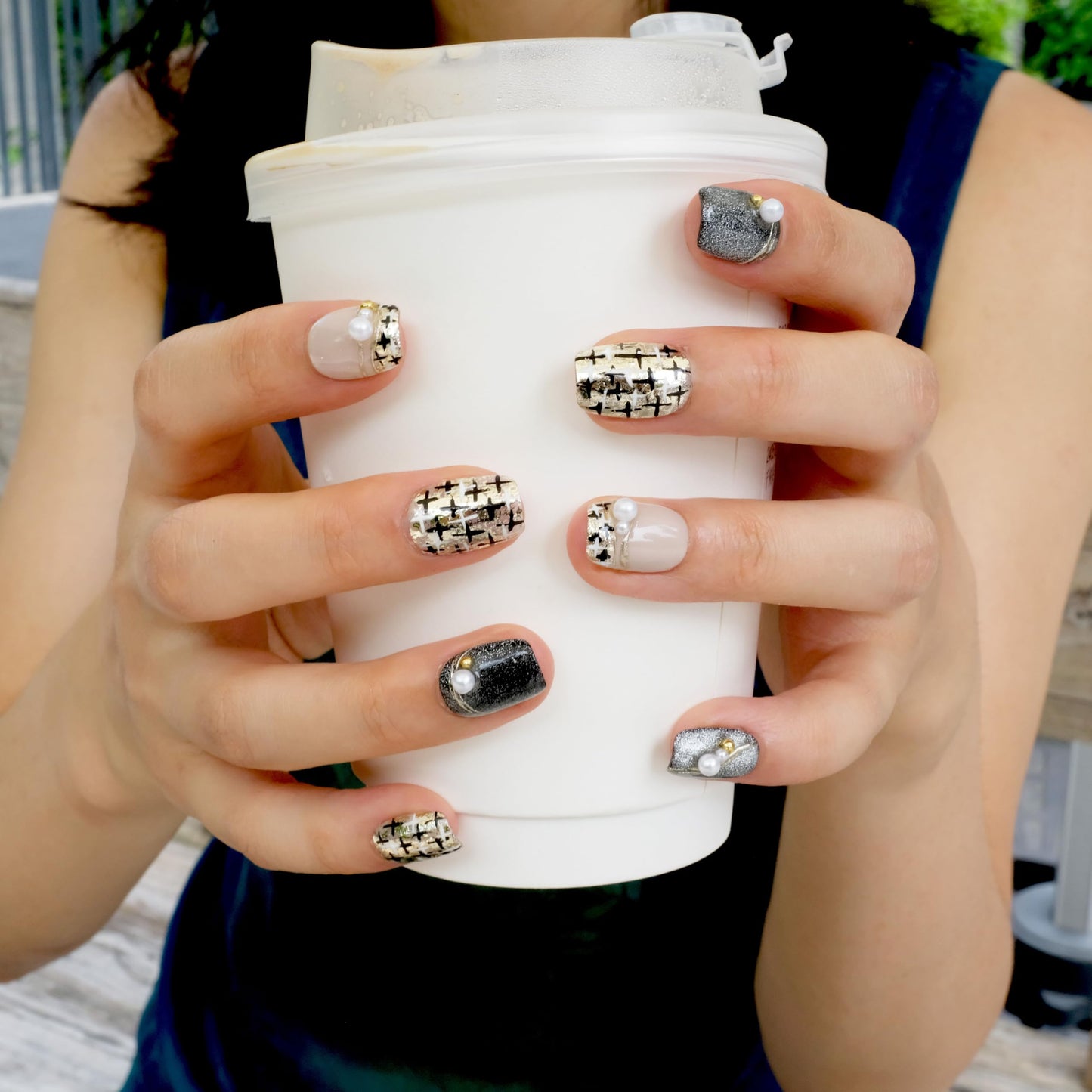 GLORS Purely Handmade Press On Nails | Short Square 10 Pieces SS | Gold & Pearl Salon-Quality Nail Art