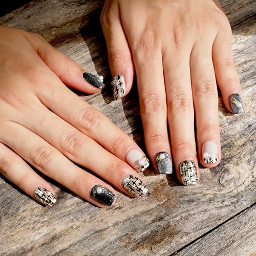 GLORS Purely Handmade Press On Nails | Short Square 10 Pieces SS | Gold & Pearl Salon-Quality Nail Art