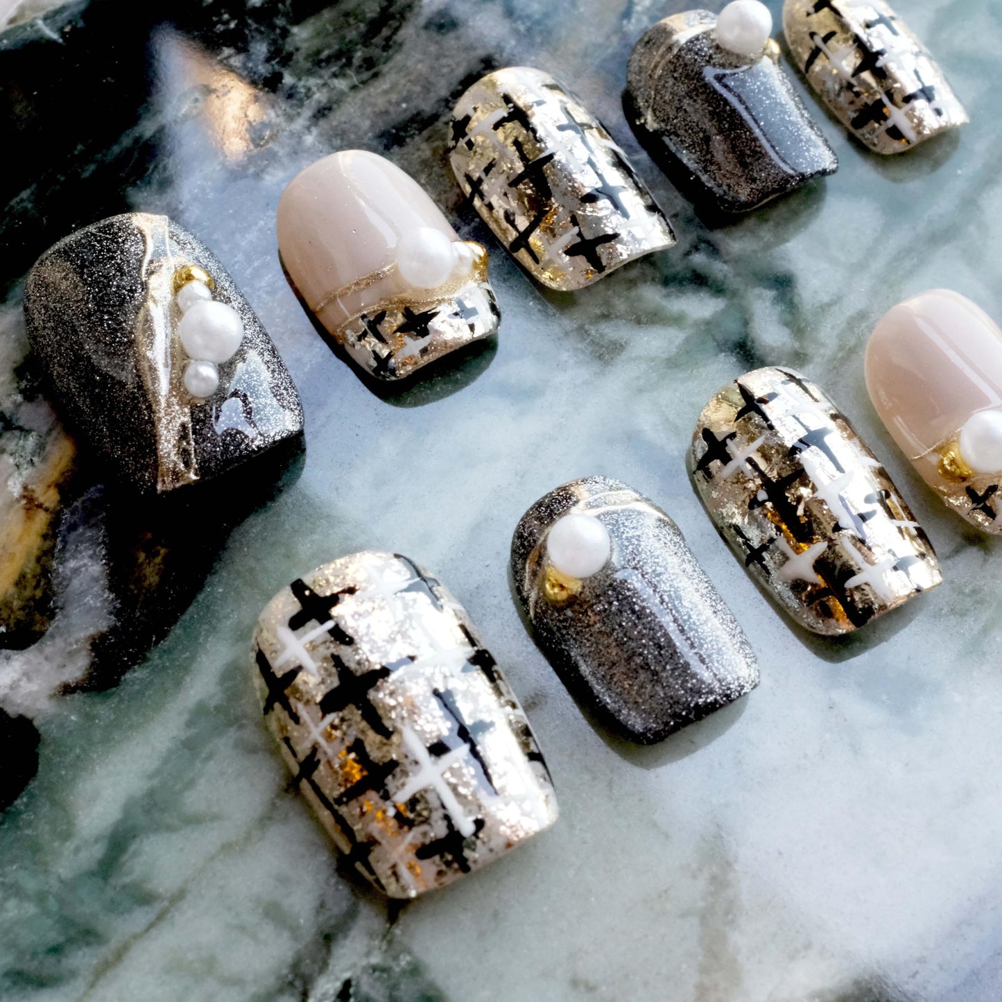 GLORS Purely Handmade Press On Nails | Short Square 10 Pieces SS | Gold & Pearl Salon-Quality Nail Art