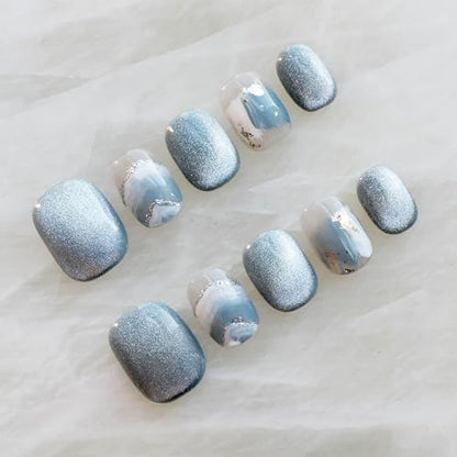 GLORS Purely Handmade Press On Nails – Blue & White Glitter Snow Mountain, Short Square, 10 Pieces
