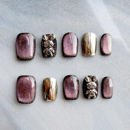 GLORS Purely Handmade Press On Nails - Purple Gold Bunny Cat-Eye (10 pcs)