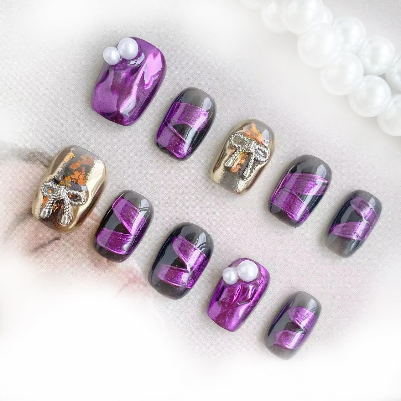 GLORS Purely Handmade Press On Nails | Purple Mirror Powder Short Square Set – 10 pcs (SS)