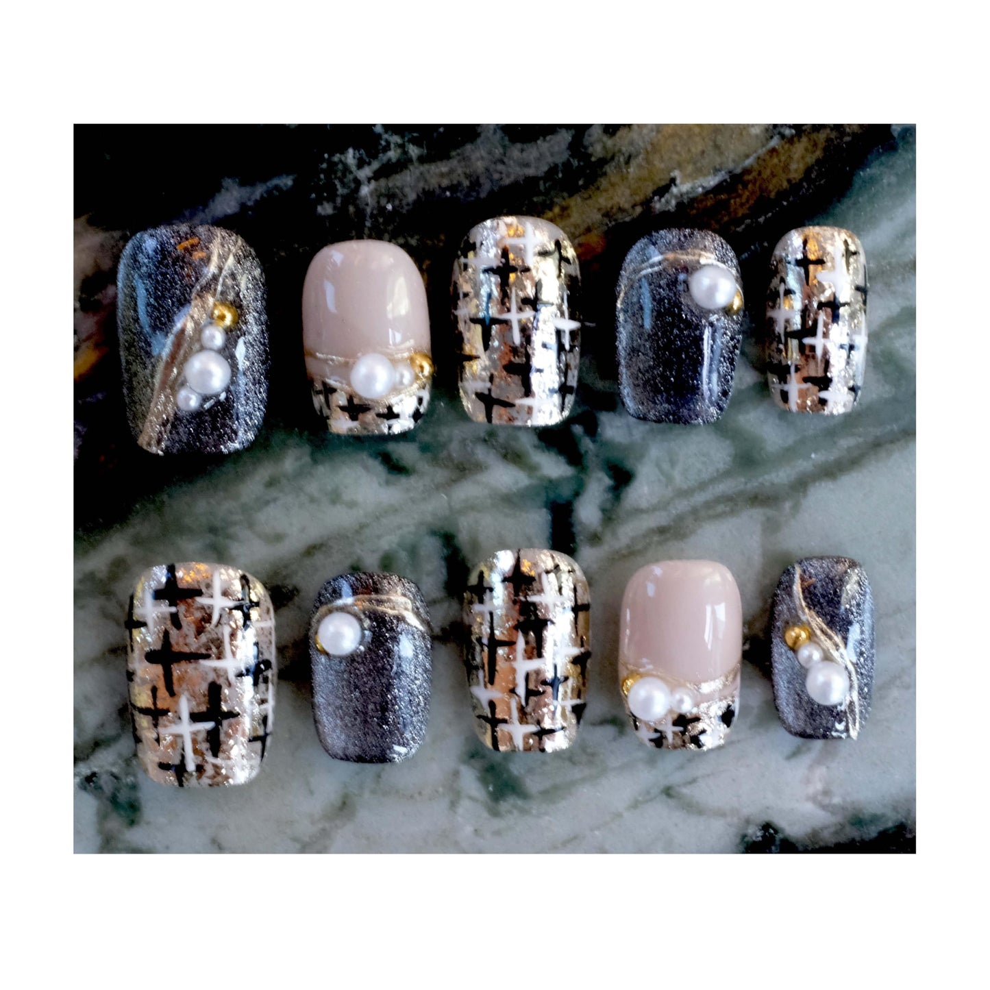GLORS Purely Handmade Press On Nails | Short Square Gold & Pearl, 10 Pieces (Large, SS) | Salon-Quality Nail Art